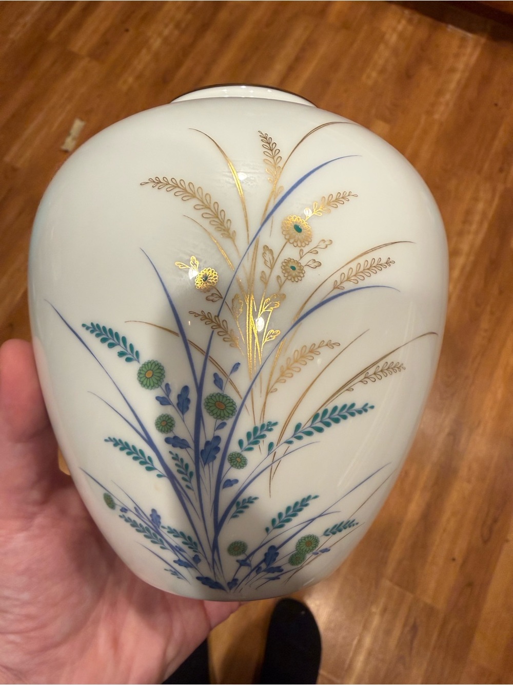 Noritake Hand Painted, Vintage White Porcelain Vase with Gold Floral Accents